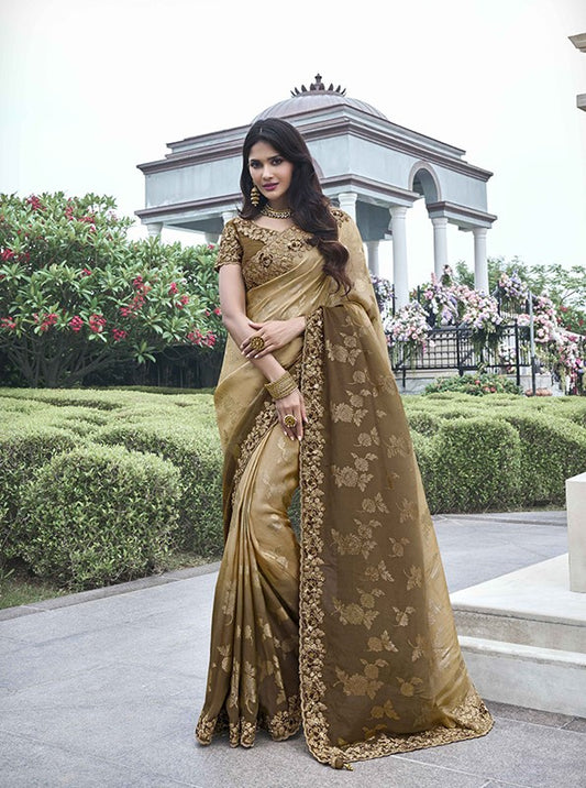 Golden Fancy Saree With Beautiful Zari Embroidery Work