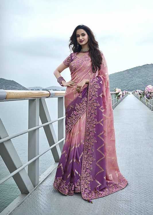 Purple And Pink Beautiful Saree With Embroidery Work