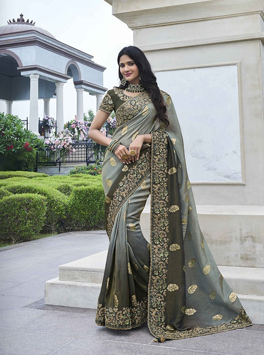 Grey And Mehndi Green Saree With Beautiful Zari Work