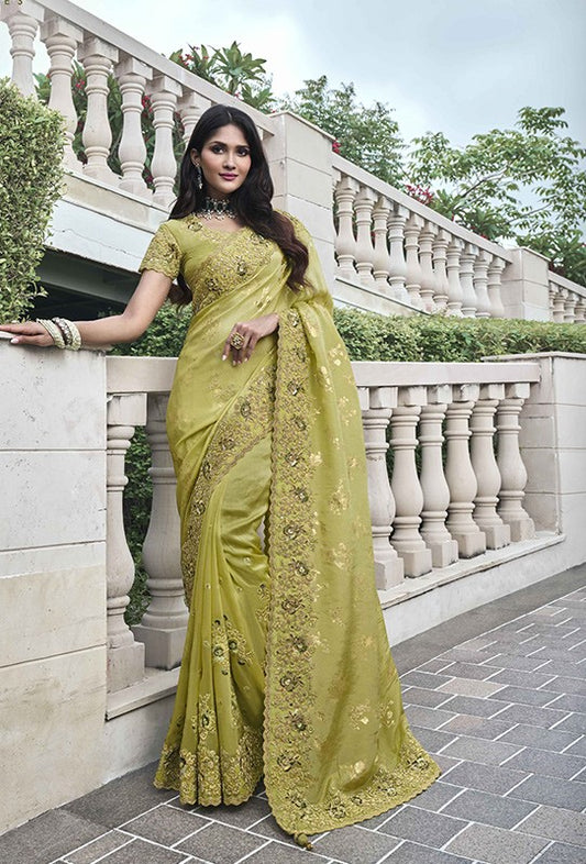 Pista Green Fancy Saree With Zari Embroidery Work