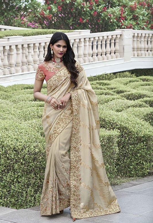 Golden Wedding Saree With Beautiful Zari Embroidery Work