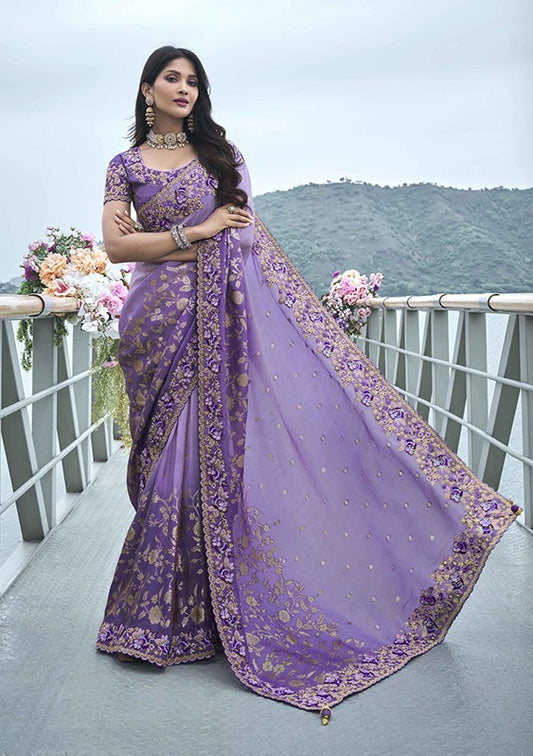 Purple Graceful Saree With Beautiful Zari Embroidery Work