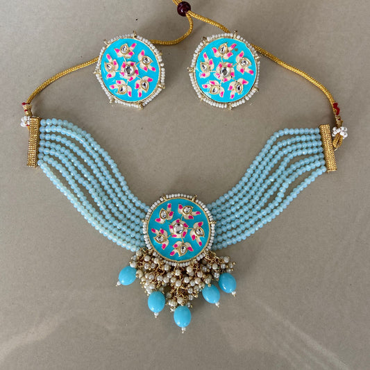Elegant Meenakari  Sky Blue Necklace Set