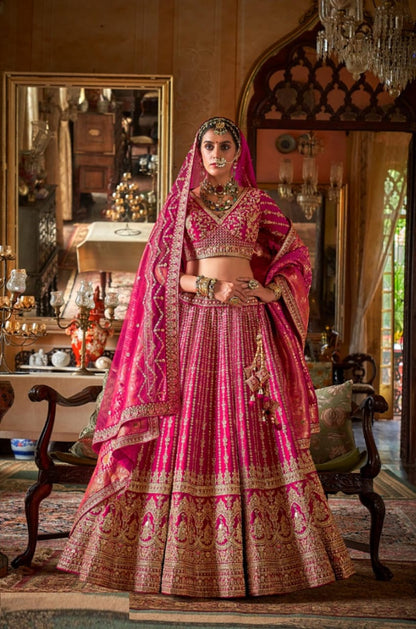 Refined Pink Bridal tone Silk Sequins Embroidery Zari Weaving Work Bridal Lehenga