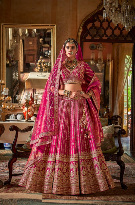 Refined Pink Bridal tone Silk Sequins Embroidery Zari Weaving Work Bridal Lehenga