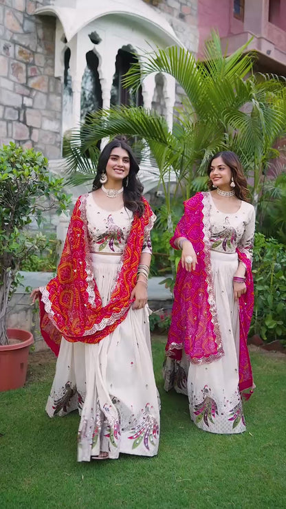 Timeless White And Pink Tissue Silk With Embroidery Sequins Work Bandhani Dupatta Lehenga