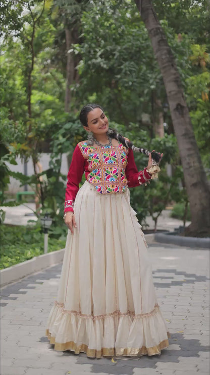 Glamorous Off White And Maroon Kora Cotton Festive Wear Lehenga Set