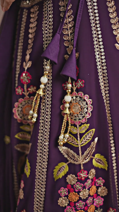 Women Purple Georgette Sequins Zari Dori & Embroidery Work Gliterring Lehenga