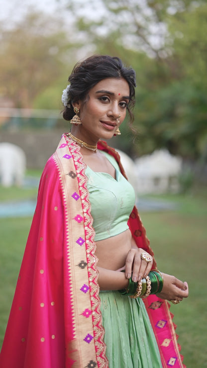Women Pista Green Jacquard Silk Zari Weaving With Sequins Thread Embroidery Work Traditional Lehenga