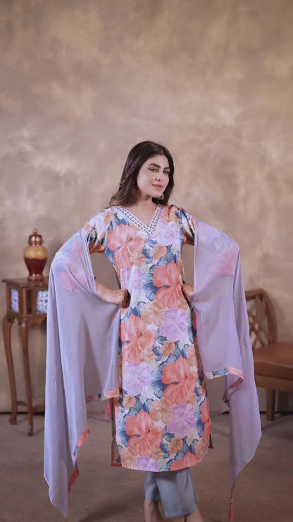 Women Multicolor Chanderi Floral Print Suit Set