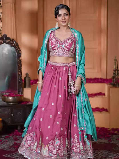 Graceful Pink Silk Sequins With Coding Thread Embroidery Work Bridal Lehenga