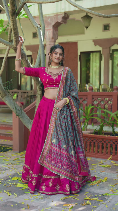 Women Dark Pink Vichitra Silk Traditional Lehenga Set
