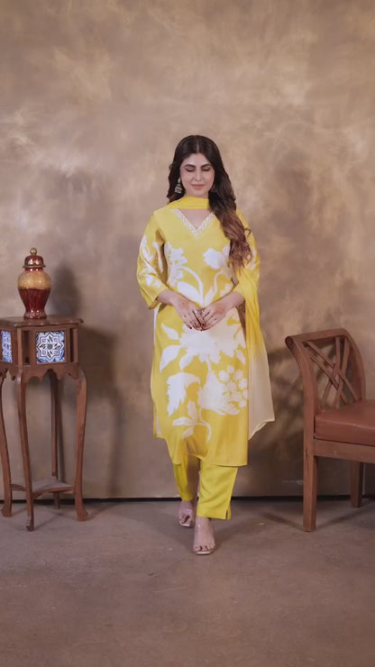 Women Yellow Chanderi Floral Print Suit Set