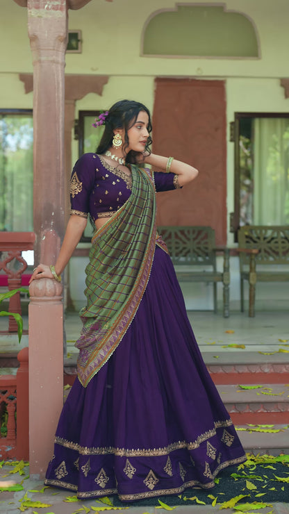 Women Dark Purple Vichitra Silk Traditional Lehenga Set