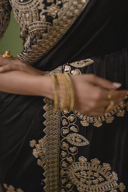 Women Black Bemberg Silk With Embroidery Work Saree