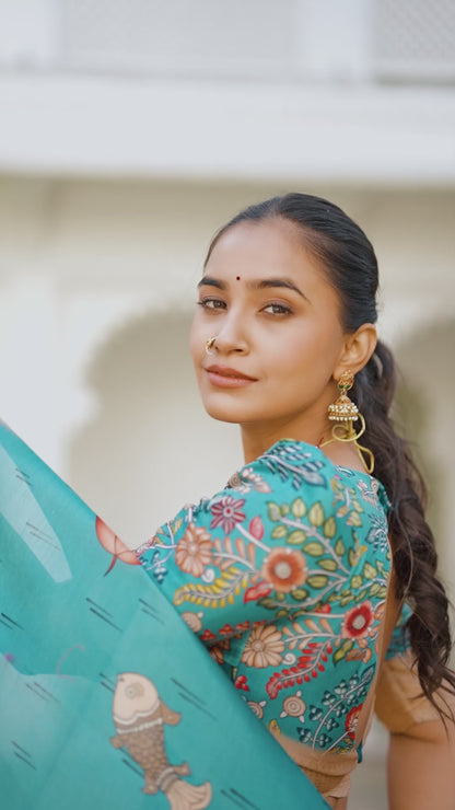 Women Mustard And Teal Silk Kalamkari Print With Weaving Traditional Lehenga