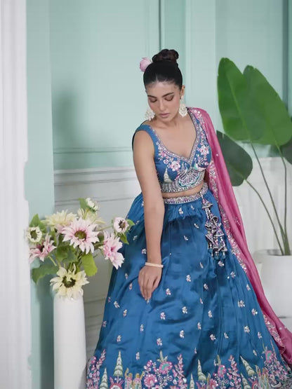 Opulent Blue Silk Sequins With Coding Thread Embroidery Work Bridal Lehenga