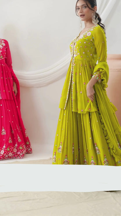 Women Mustard Georgette Beads Work Palazzo Bottom Suit Set