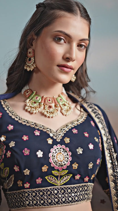 Women Blue Georgette Sequins Zari Dori & Embroidery Work Gliterring Lehenga