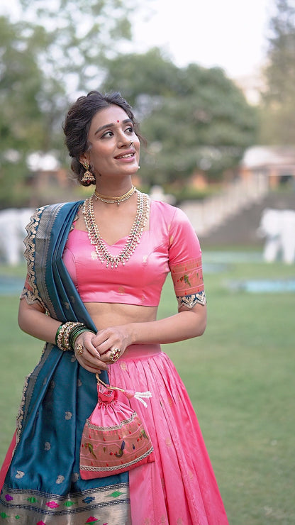 Women Light Pink Jacquard Silk Zari Weaving With Sequins Thread Embroidery Work Traditional Lehenga