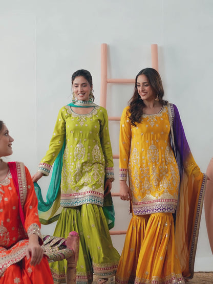 Women Green Chinon With Embroidery Work Gharara Bottom Suit Set