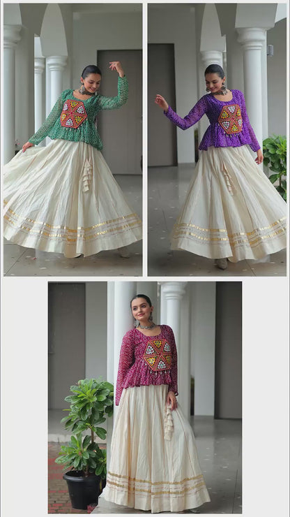 Trendy Off White And Maroon Cotton With Attractive Gota Patti Lace Work Festive Wear Lehenga Set