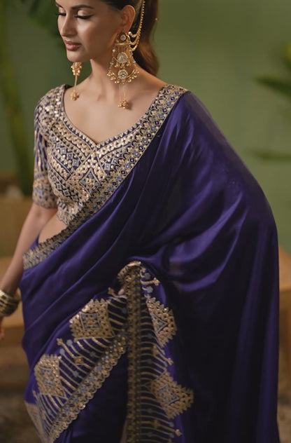 Women Royal Blue Bemberg Silk With Embroidery Work Saree