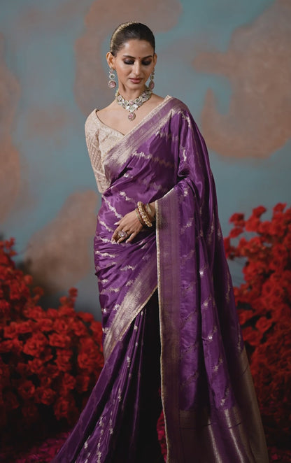 Women Violet And Cream Silk Embroidery Saree