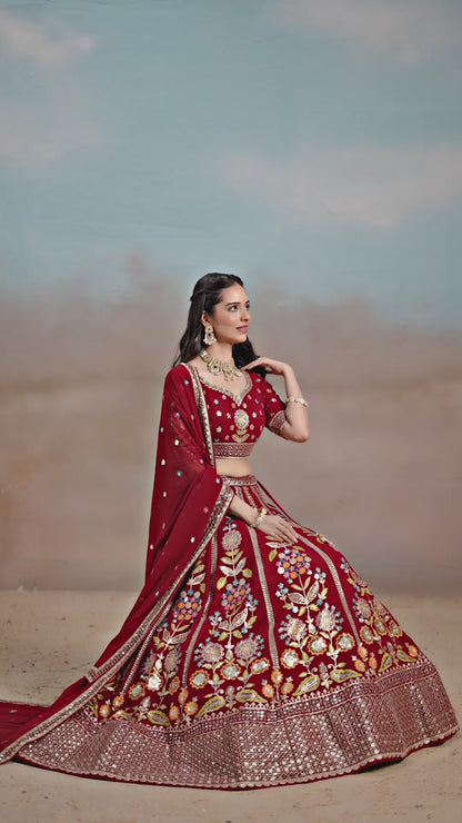 Women Maroon Georgette Sequins Zari Dori & Embroidery Work Gliterring Lehenga