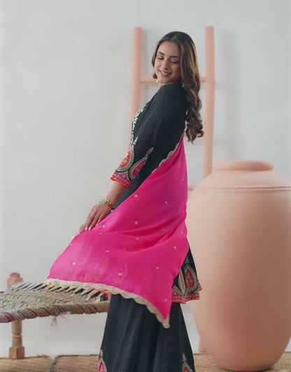 Women Off White Chinon With Embroidery Work Sharara Bottom Suit Set