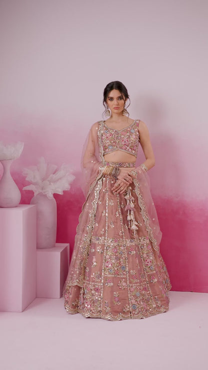 Classy Rose Gold Net With Embroidery Work Bridal Lehenga
