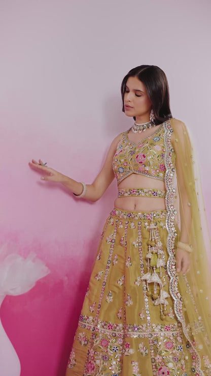 Glamorous Mustard Net With Embroidery Work Bridal Lehenga