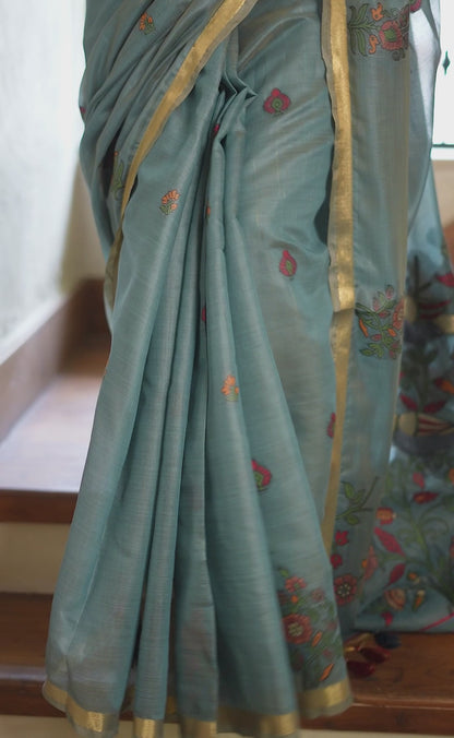 Women Steel Blue Cotton Handloom Saree