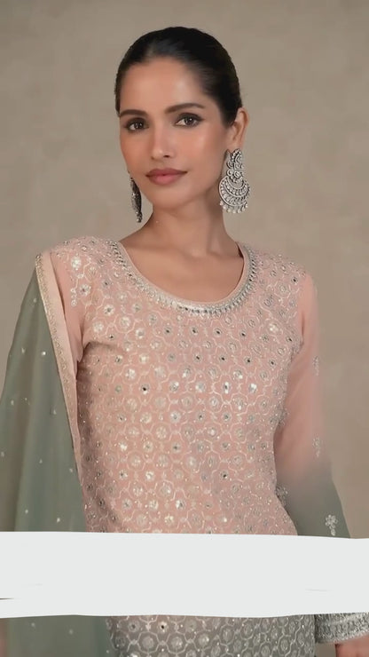 Women Dusty Pink Georgette With Embroidery Work Palazzo-Bottom Suit Set