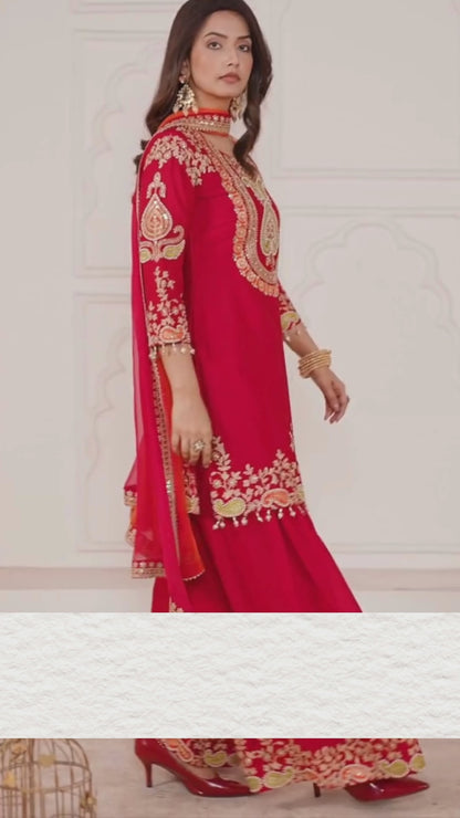 Women Purple Chinnon Gharara Bottom Suit Set