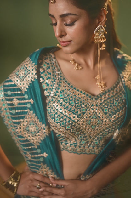 Women Aqua Blue Bemberg Silk With Embroidery Work Saree