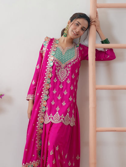 Women Orange Chinon With Sequins Embroidery Work Sharara Bottom Suit Set