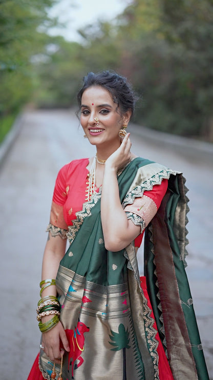 Women Red Jacquard Silk Zari Weaving With Sequins Thread Embroidery Work Traditional Lehenga