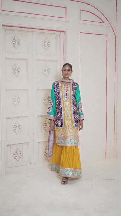 Dazzling Multi Mustard Chinon Sharara Bottom Suit Set