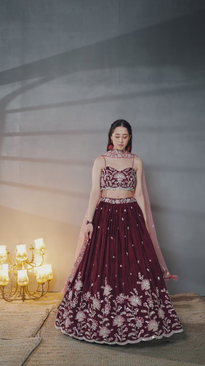 Classy Wine Polyester Chiffon Stylish Lehenga
