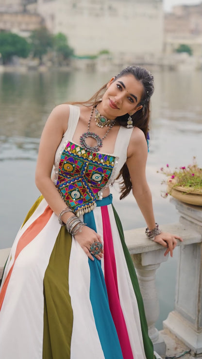 Polished Multicolor Rayon Gota Patti Lace Work Festive Wear Lehenga Set