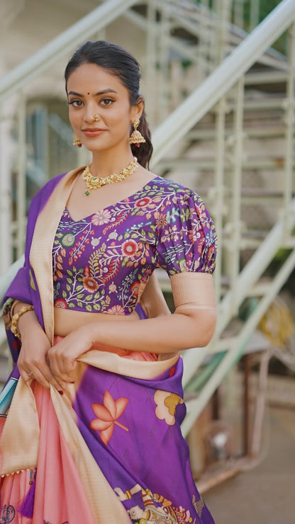 Women Purple Silk Kalamkari Print With Weaving Traditional Lehenga