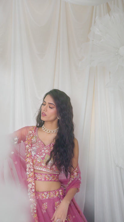Vibrant Pink Organza Thread Embroidery Work Stylish Lehenga