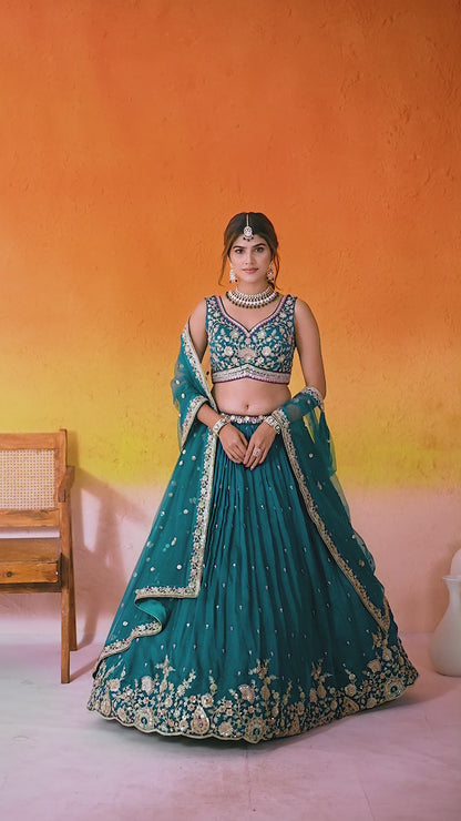 Women Teal Georgette Sequins Coding Thread Embroidery Work Bridal Lehenga