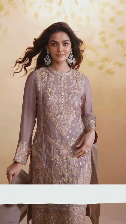 Women Violet Chinon With Embroidery Hand Work Pant Bottom Suit Set