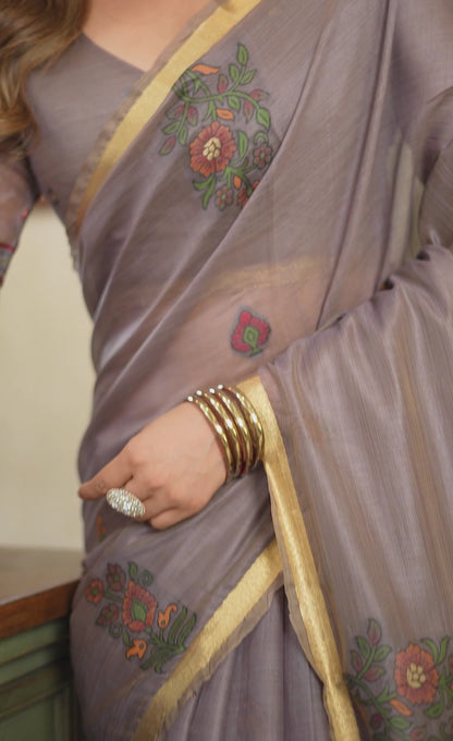 Women Grey Cotton Handloom Saree