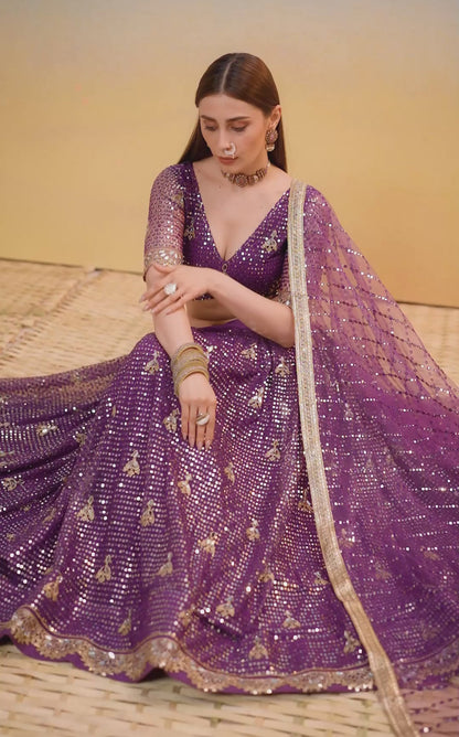Luxe Purple Net With Two Tone Coding Thread Sequin Embroidery Work Stylish Lehenga Set