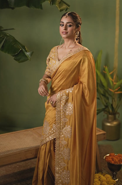 Women Mustard Bemberg Silk With Embroidery Work Saree