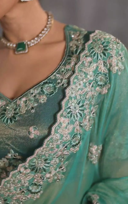 Immaculate Teal Tissue Tissue Saree