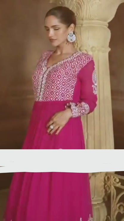Women Pink Georgette With Embroidery Work Floor-Length Suit Set